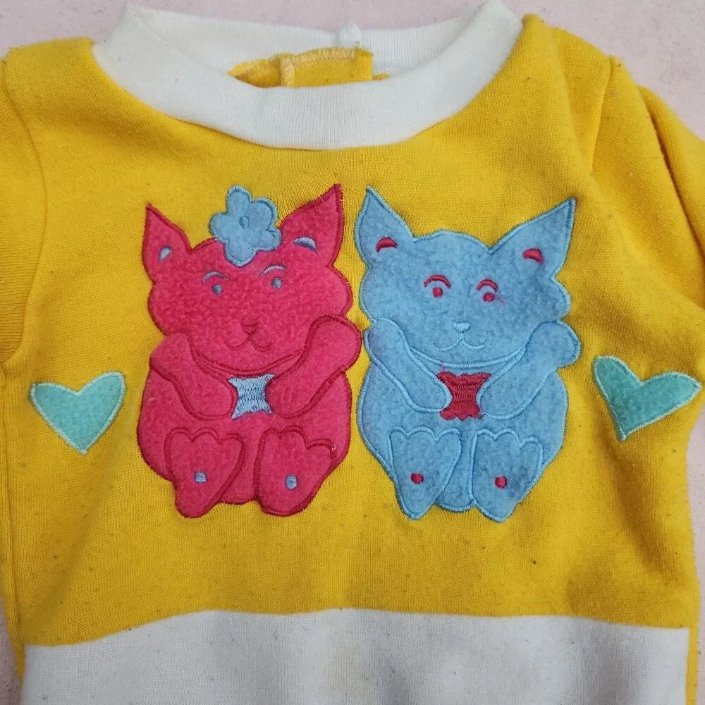 Vintage 80s California Babe Yellow Kitten Sweatshirt 18 Months Colorblock Crew